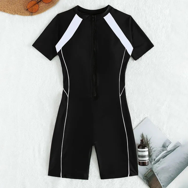 Female Summer One-piece Solid Color Patchwork Flat Angle Short Sleeved Zippered Swimsuit Sun Protection Quick-Drying Swimwear