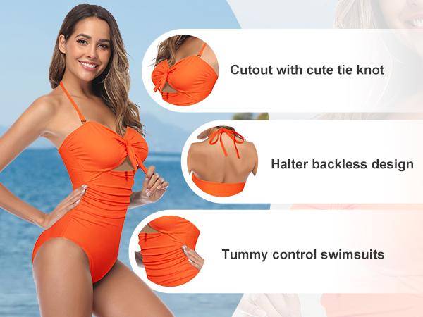 Women Sexy Cutout One Piece Swimsuits Tummy Control High Waisted Halter Front Tie Knot Bathing Suit Plus Size Full Coverage Swimsuit for Women