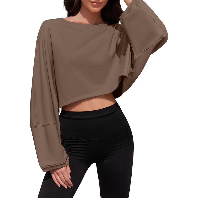Womens Long Ballon Sleeve Sweatshirts Tops Cropped Crew Neck Loose Fit Casual Workout Shirts