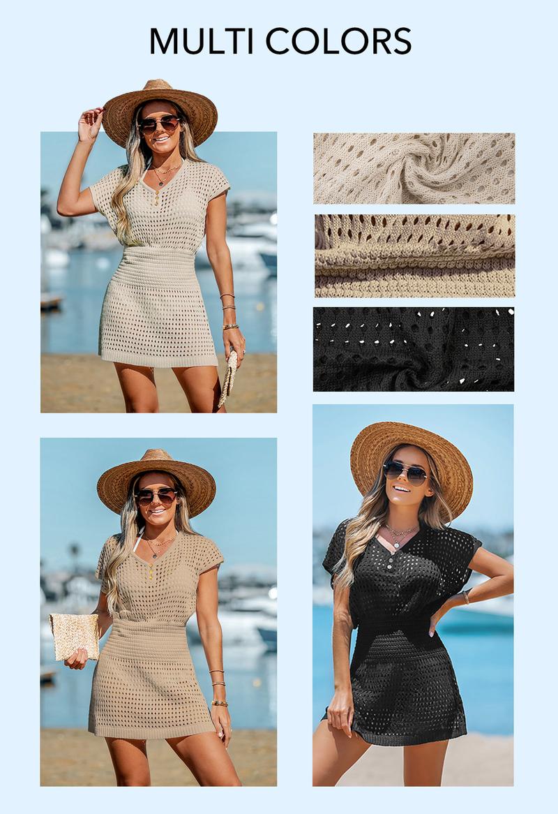 Women's Swimwear Hollow Out Crochet Beach Cover Up Summer Dresses V Neck Swimsuit Short Sleeve Summer Womenswear Bathing Suits #TikTokShopBacktoSchool