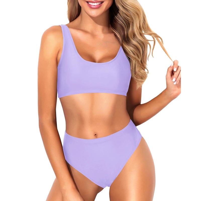 Women Two Piece Scoop Neck Bikini Crop Top High Cut Swimsuit Sporty High Waisted Bathing Suit with Bottoms
