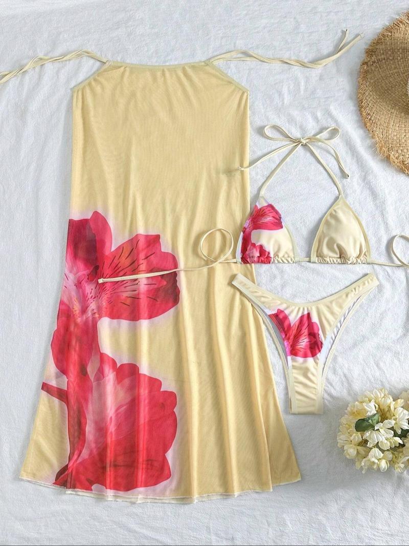 Women's Floral Print Bikini Set, Casual Fashion Chic Swimsuit Set for Beach Holiday Vacation, Ladies Swimwear for All Seasons, Bikini Skirt Set, Floral Bikini Top, Bikinis Sets