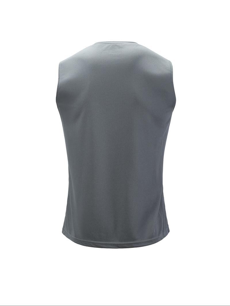 Men's Solid Round Neck Sports Vest, Breathable Comfortable Quick Drying Tank Top for Running Outdoor Exercise Basketball Training, Sport & Outdoor Clothing for Summer, Gym Casual Wear, Sleeveless Sports Vest
