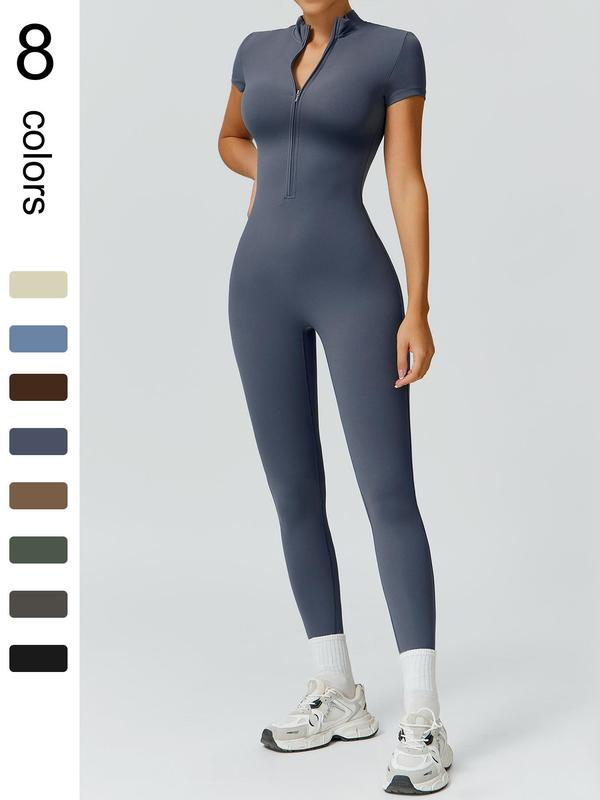 Women's High Elastic Soft Collar Half-zip Tight Waist Tight Hip Yoga Suit Outdoor Running, Cycling, Mountaineering, Walking, Naked Body Clothes Gym Sports Training All-match Short-sleeved Pants, Workout Gym Clothing, Sportswear Jumpsuits