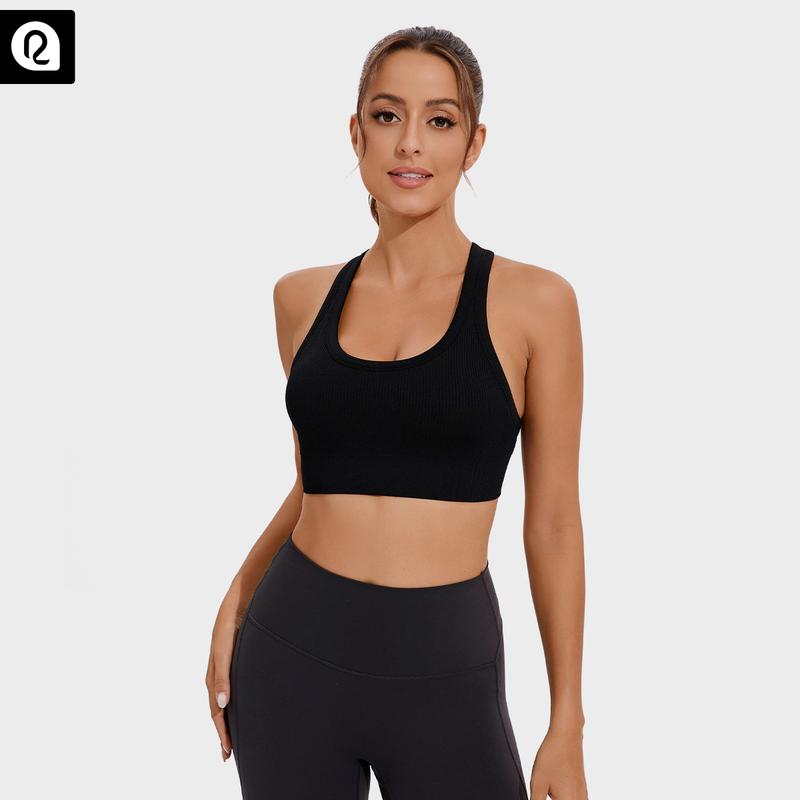 Women's High Support Sports Bra - Criss-Cross Back, Removable Cups, Medium Support, Ultra-Stretch, Moisture-Wicking, Seamless Ribbed Knit Yoga Bra with Naked Feeling