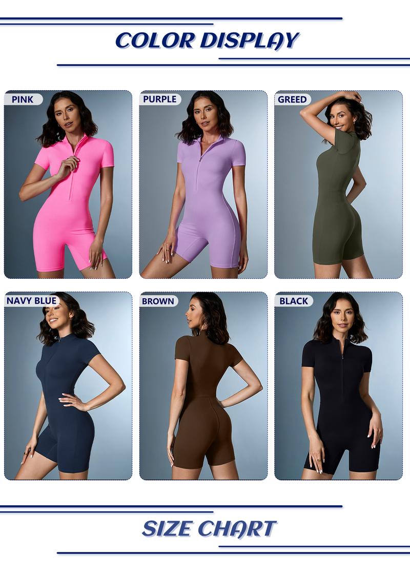 Women's Solid Zipper Mock Neck Sports Romper,  Summer Clothes Women, Casual Sporty Activewear One-piece Sports Romper for Yoga Gym Workout Running