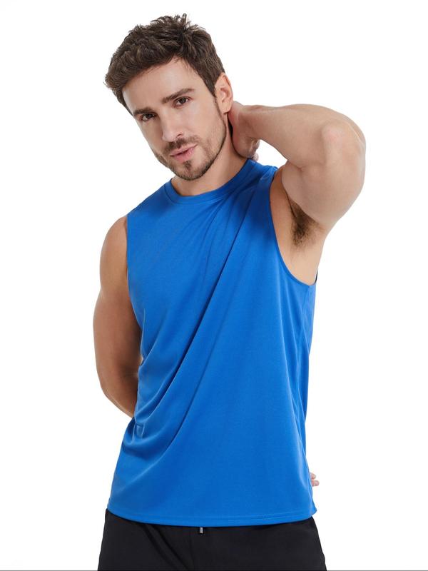 Men's Solid Round Neck Sports Vest, Breathable Comfortable Quick Drying Tank Top for Running Outdoor Exercise Basketball Training, Sport & Outdoor Clothing for Summer, Gym Casual Wear, Sleeveless Sports Vest