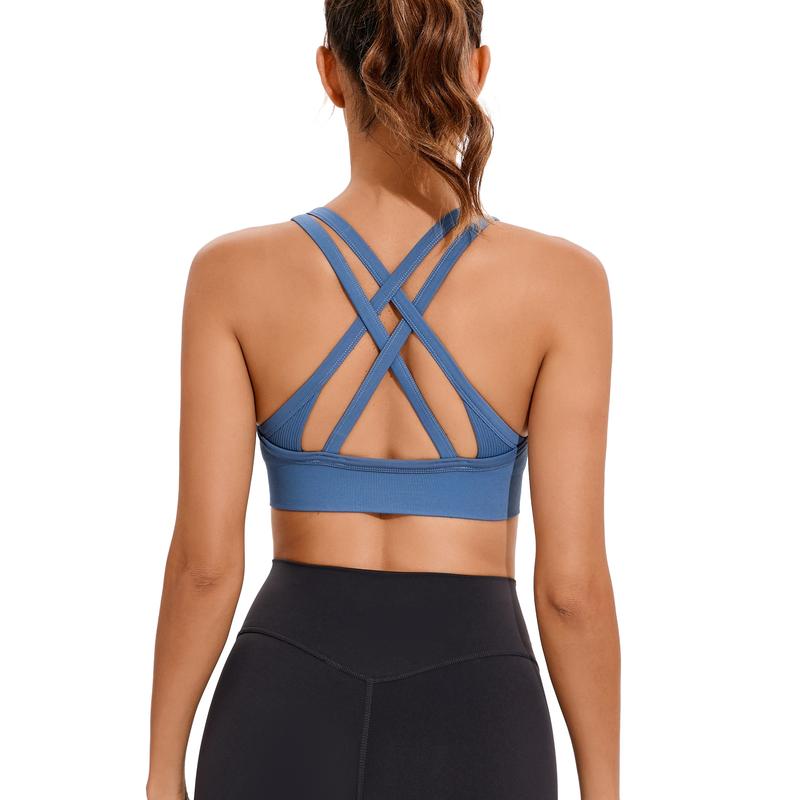 Women's High Support Sports Bra - Criss-Cross Back, Removable Cups, Medium Support, Ultra-Stretch, Moisture-Wicking, Seamless Ribbed Knit Yoga Bra with Naked Feeling
