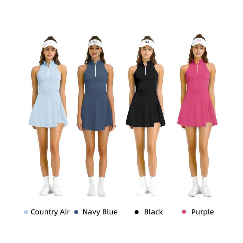 Women's Comfortable Stand Collar Pickleball Dress with Shorts Sleeveless Split Hem Clothing Quick-Dry Workout Athletic Dress with Pockets for Tennis Yoga Golf Activewear Sport