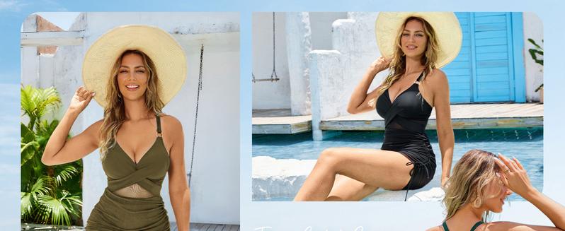 Women One Piece Swimsuits Tummy Control Cutout Tie Back High Waisted Swimwear Slimming Mesh Sheer Wraps Bathing Suit Tankini Outfit