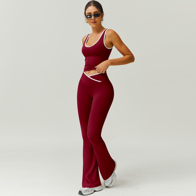 Color Block U-Neck Piped Tank & Bell Bottom Set , Stretch Fabric, Flared Fit , Yoga, Gym, Outdoor & Daily Athleisure , Wome Stylish Activewearn's Summer Lounge Sweatsuits Sleeveless Exercise