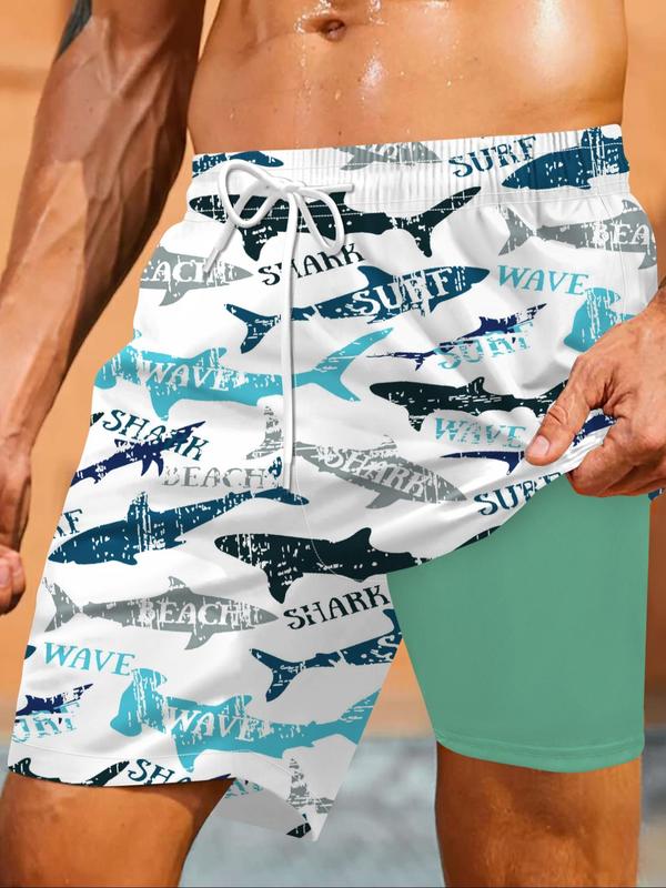 Men's All Over Print 2 in 1 Drawstring Waist Swimming Beach Shorts, Casual Quick Drying Swim Shorts for Summer, Men's Swimwear for Beach Vacation Outdoor, Clothing, Summer Swim Bottoms, Summer Swim Trunks, Swimbottoms, Swimtrunks