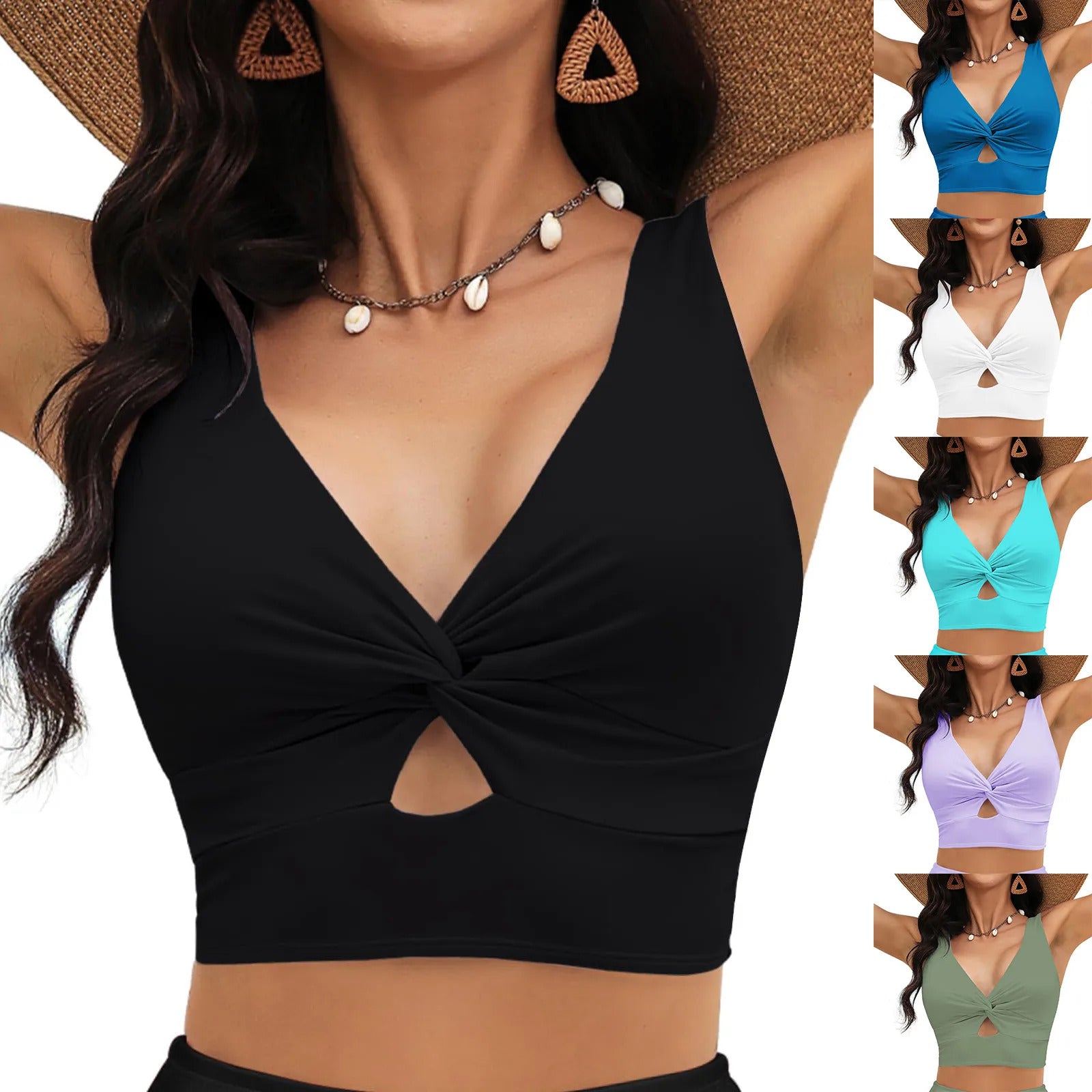Women'S Swimsuit Top Solid Colour Bikini Swimsuit Fashion Gathering Push Up Tankini Swimsuit Sexy Backless Cross Strap Bikini