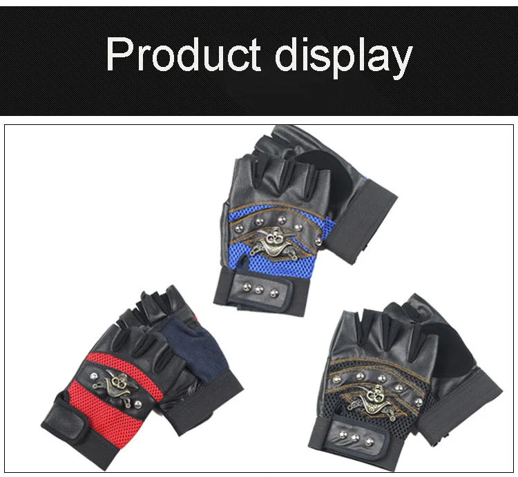 Punk Skulls Rivet PU Leather Gloves Men Women Fashion Hip Hop Anti-slip Half Finger Gloves Summer Cycling Motorcycle Accessories