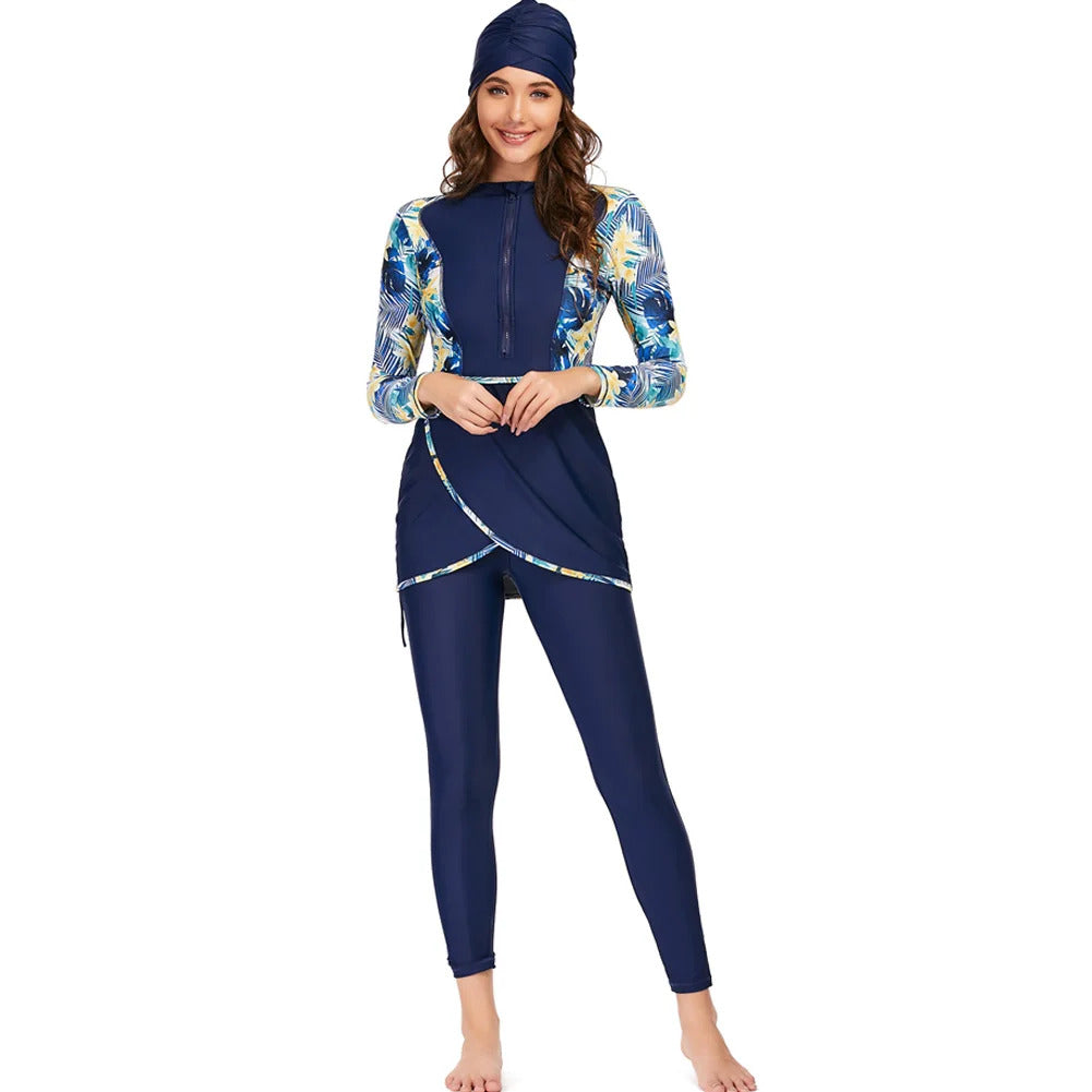 New Muslim Swimwear Women Modest Patchwork Hijab Long Sleeves Sport Swimsuit 3pcs Islamic Burkinis Wear Bathing Suit