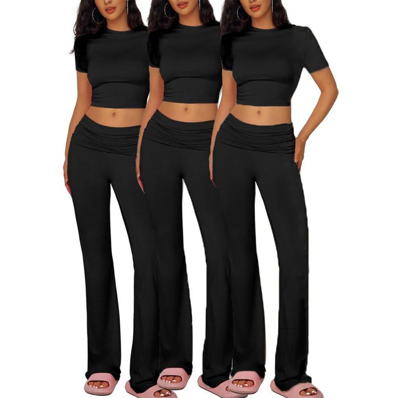 Yoga Women's two-piece casual wear slim fit short sleeved top, low waist bell bottom pants tight pants set, yoga sportswear set, yoga suit, sportswear, slim fit set, fitness set, pajamas set   tracksuits men Loungewear Womenswear Outfit