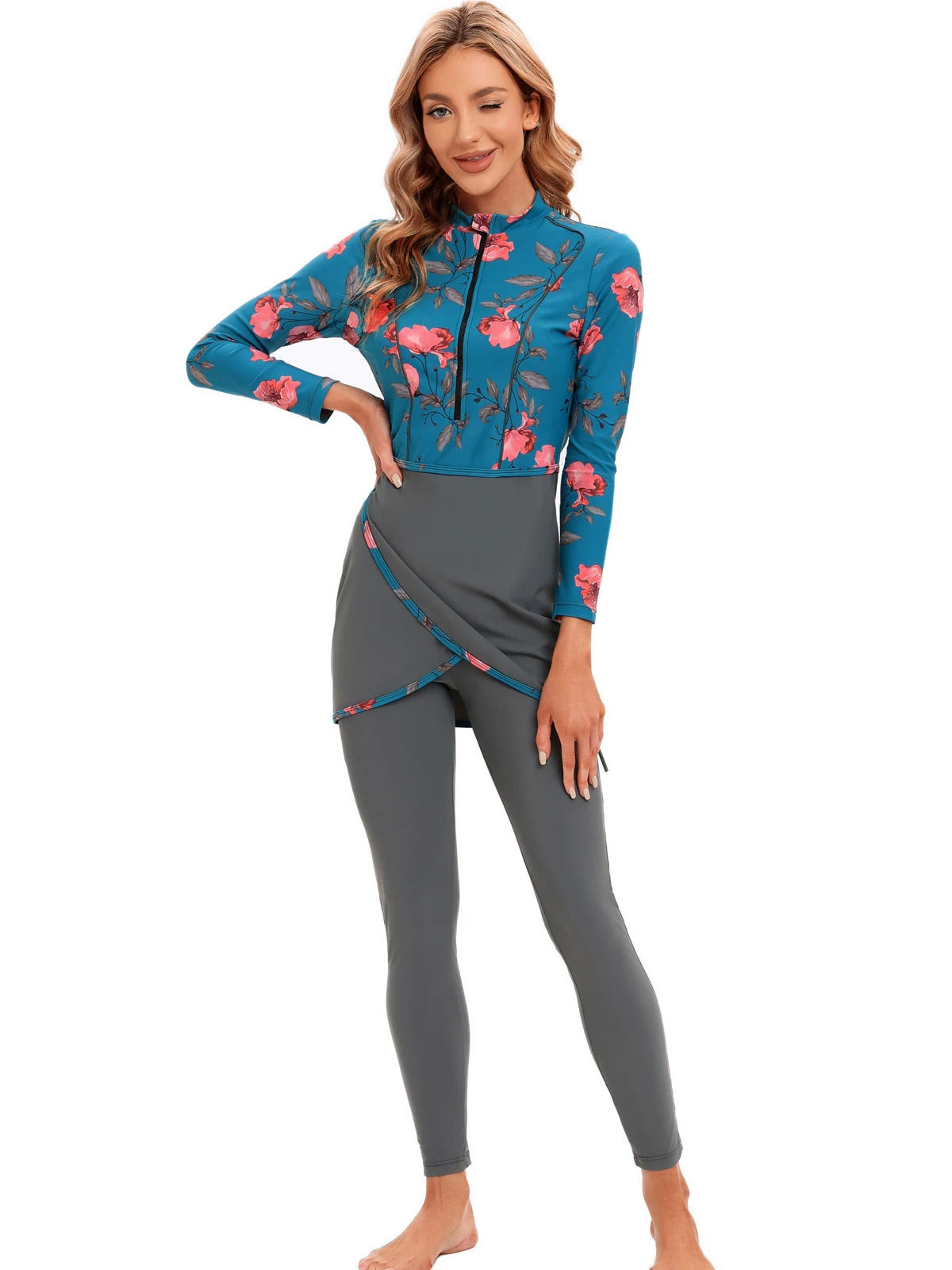 New Muslim Swimwear Women Modest Patchwork Hijab Long Sleeves Sport Swimsuit 3pcs Islamic Burkinis Wear Bathing Suit