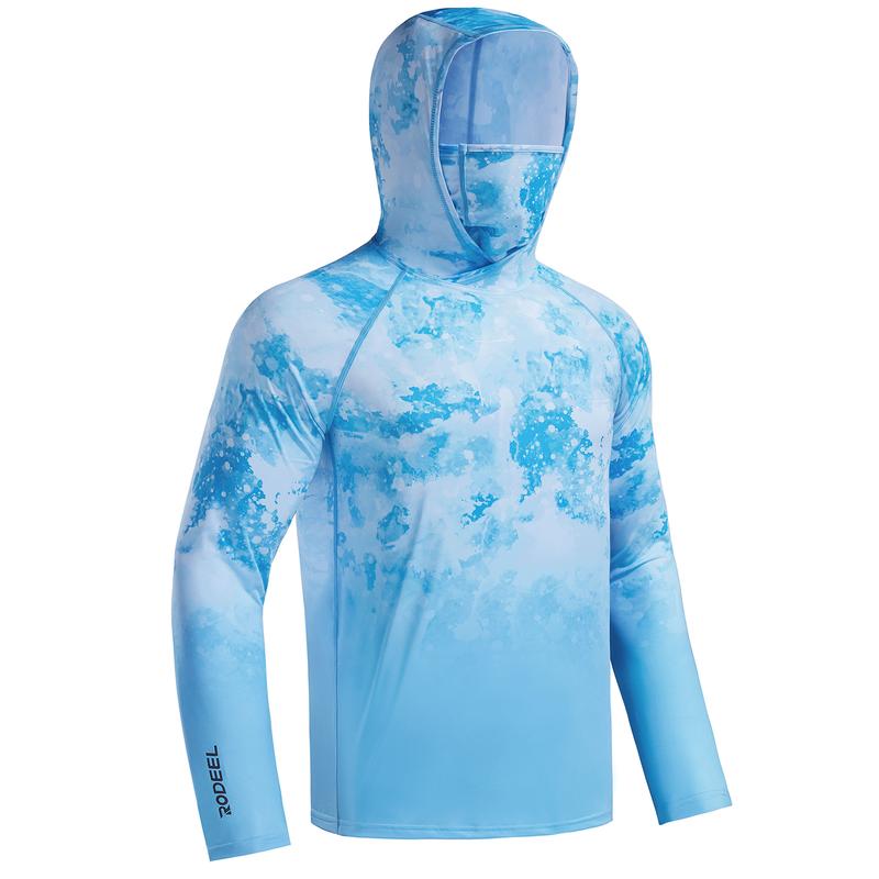 Sun UV Protection Hoodie Shirts, UPF 50+ Men Raglan Long Sleeve Lightweight Quick Dry Breathable Cooling Rash Guard with Mask Neck Gaiter for Outdoor, Hiking, Fishing, Boating, Biking, Sport, Gym, Constructing, Roofing, Landscaping, Gardening 915