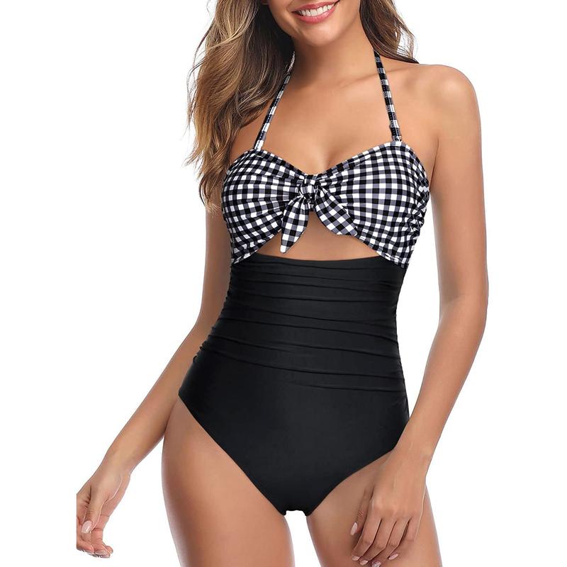 Women Sexy Cutout One Piece Swimsuits Tummy Control High Waisted Halter Front Tie Knot Bathing Suit Plus Size Full Coverage Swimsuit for Women