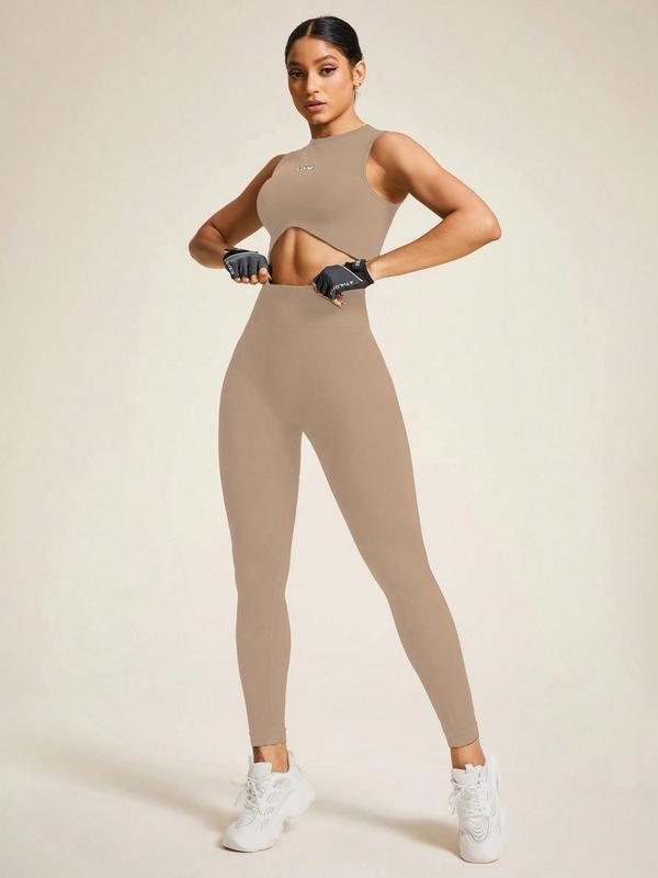 Women's Letter Pattern Crop Tank Top & High Waist Leggings Tracksuit Set, Casual Comfy Breathable Seamless for Yoga Gym Workout Running, Ladies Sportswear for All Seasons, Workout Clothes, Fitness Clothes, Sleeveless Gym Tops, Athleisure Wear