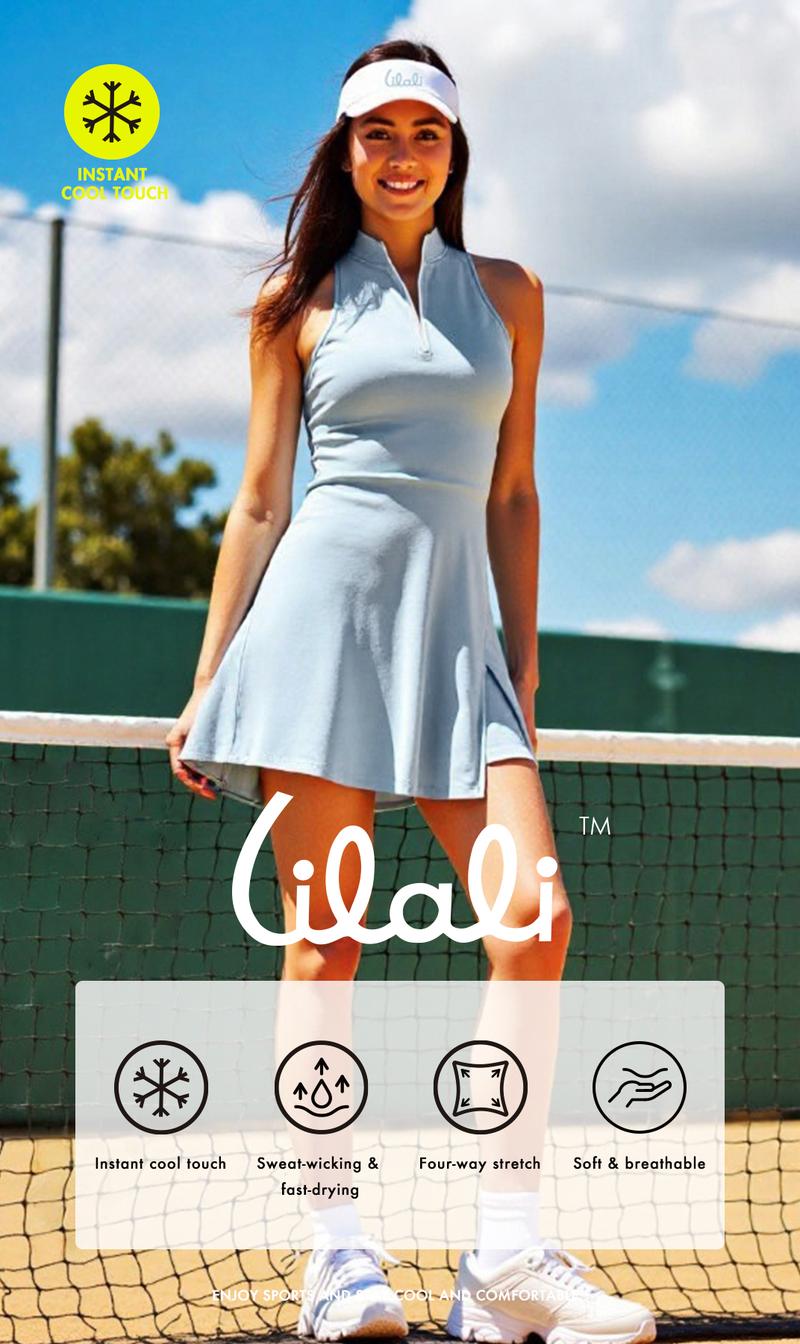 Women's Comfortable Stand Collar Pickleball Dress with Shorts Sleeveless Split Hem Clothing Quick-Dry Workout Athletic Dress with Pockets for Tennis Yoga Golf Activewear Sport