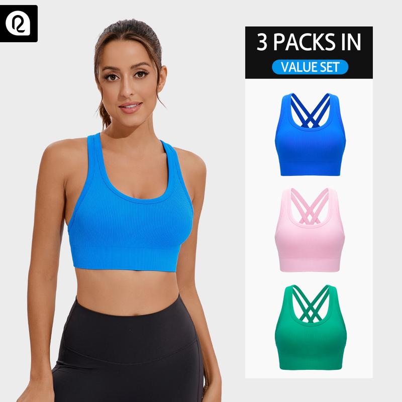 Women's High Support Sports Bra - Criss-Cross Back, Removable Cups, Medium Support, Ultra-Stretch, Moisture-Wicking, Seamless Ribbed Knit Yoga Bra with Naked Feeling