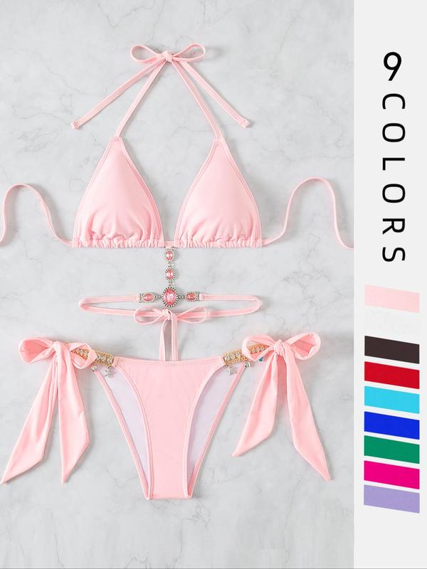 Women's Halter Tie Back Triangle Bra & Ring Linked Panty Bikini Set, Sexy Trendy Summer Swimsuit Set, Ladies Swimwear Rave Outfits, Beach Bikini Set, Halter Bathing Suit, Halter Swim Top, Halter Bikini Sets