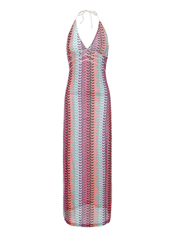 Women's All Over Print Halter Neck Dress, Casual Sleeveless Dress for Beach Holiday Vacation, Ladies Clothes for Summer, Clothing, Summer Clothes 2025, Backless Cover Up Dress, Beach Cover Ups, Summer Swimming Cover, Crochet Cover Up