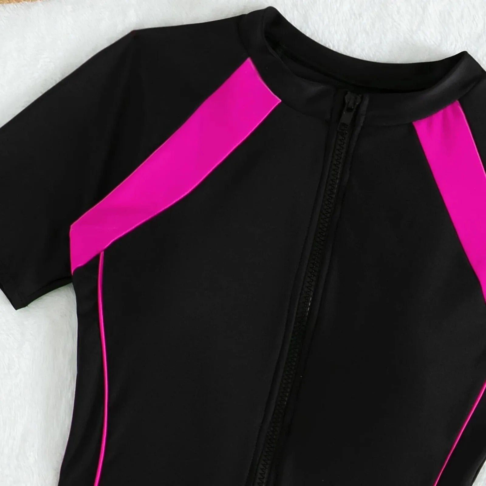 Female Summer One-piece Solid Color Patchwork Flat Angle Short Sleeved Zippered Swimsuit Sun Protection Quick-Drying Swimwear