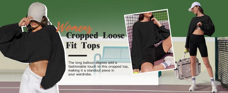 Womens Long Ballon Sleeve Sweatshirts Tops Cropped Crew Neck Loose Fit Casual Workout Shirts