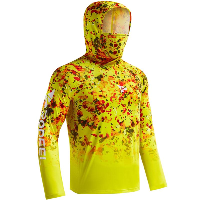 Sun UV Protection Hoodie Shirts, UPF 50+ Men Raglan Long Sleeve Lightweight Quick Dry Breathable Cooling Rash Guard with Mask Neck Gaiter for Outdoor, Hiking, Fishing, Boating, Biking, Sport, Gym, Constructing, Roofing, Landscaping, Gardening 915