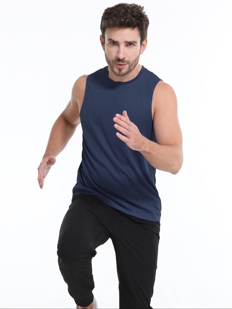 Men's Solid Round Neck Sports Vest, Breathable Comfortable Quick Drying Tank Top for Running Outdoor Exercise Basketball Training, Sport & Outdoor Clothing for Summer, Gym Casual Wear, Sleeveless Sports Vest