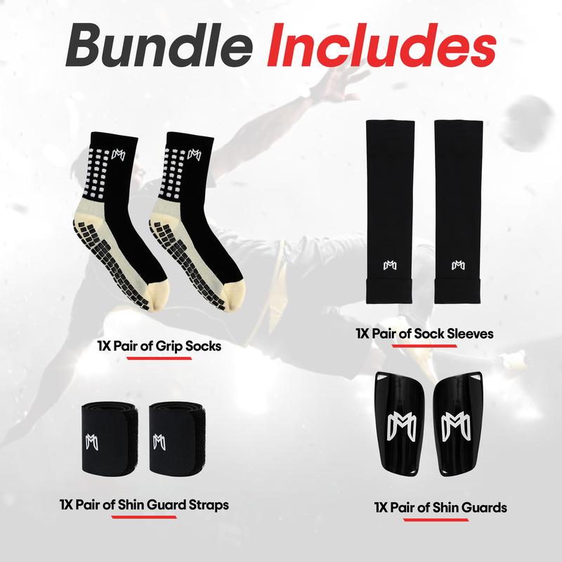 Elite Soccer Bundle - Grip Sock, Shin Guards, Pre-Cut Sock Sleeves, and Shin Guard Straps Bundle – Essential Equipment for Futbol Players