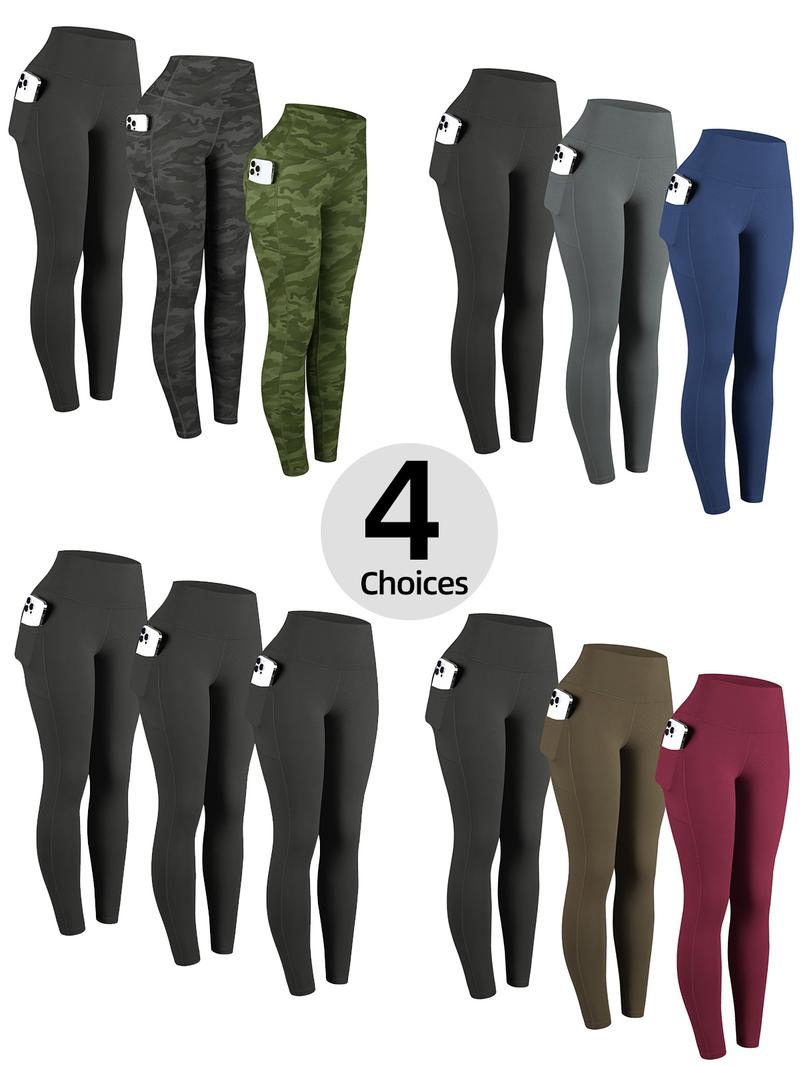 Solid Color High Waisted Yoga Pants With Pockets, Exercise Running Yoga Leggings, Tummy Control Workout Running Yoga Leggings for Women