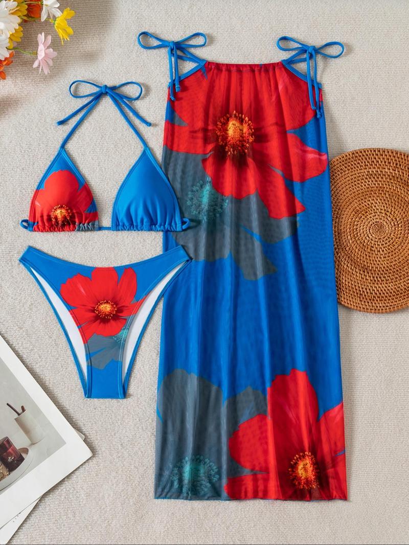 Women's Floral Print Bikini Set, Casual Fashion Chic Swimsuit Set for Beach Holiday Vacation, Ladies Swimwear for All Seasons, Bikini Skirt Set, Floral Bikini Top, Bikinis Sets