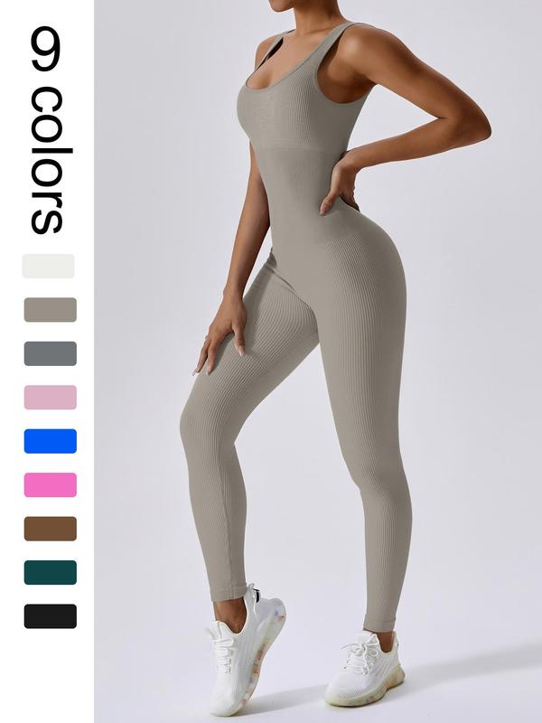 Women's Seamless One-Piece Hip Lift Crew Neck Tummy Control Jumpsuit with Tank Top, Tummy Control Dance & Fitness & Workout Set, Stretch Sportswear for Outdoor Activities, Yoga Jumpsuit