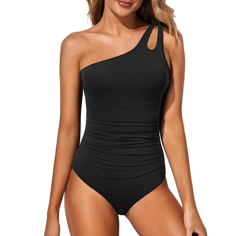One Shoulder One Piece Swimsuit for Women Comfortable Tummy Control Bathing Suits Modest Full Coverage Keyhole Swimwear Beach Swimming Clothing