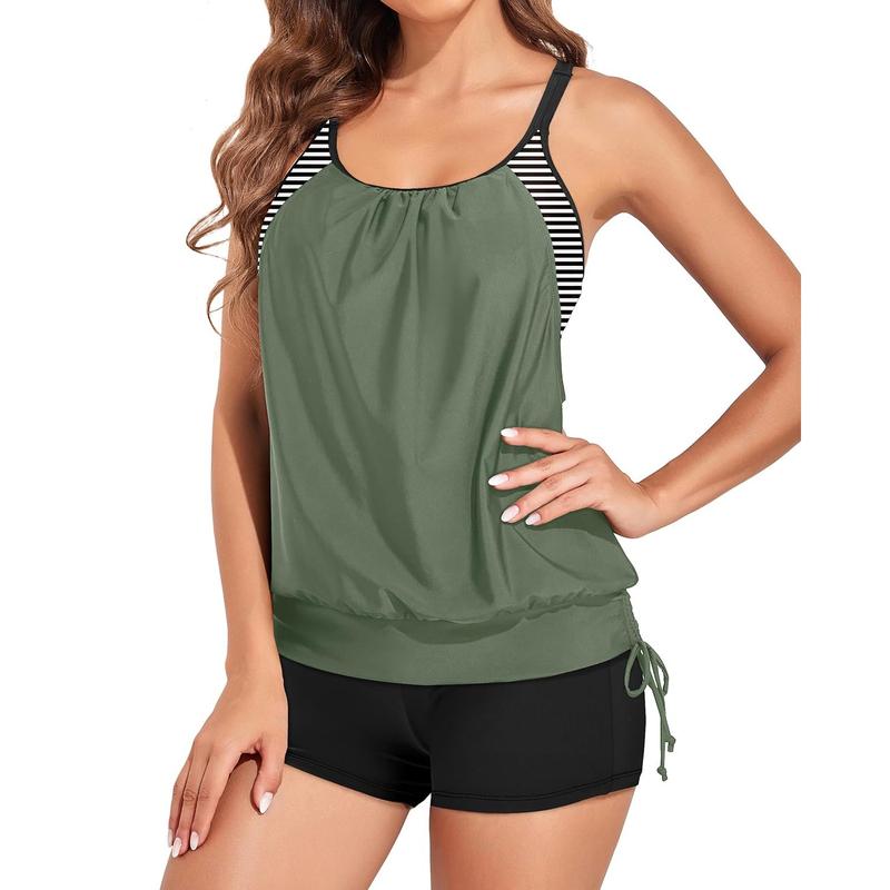 Womens Tankini Swimsuits Two Piece Tummy Control Bathing Suits Blouson Tankini Top with Sporty Boy Shorts Plus Size Tankini Swimsuits for Women Swimwear Swimsuits for Curvy Women  dealsforyoudays
