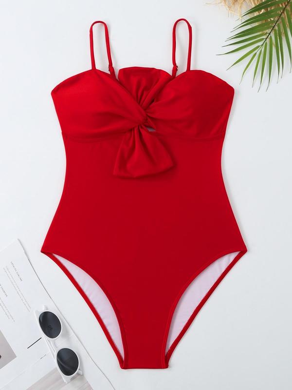 Women's Solid Twist One-piece Swimwear & Leaf Print Tie Front Cover Up Skirt Set, Boho Fashion Adjustable Strap Swimwear Set for Beach Holiday Vacation, Ladies Swimsuit for All Seasons