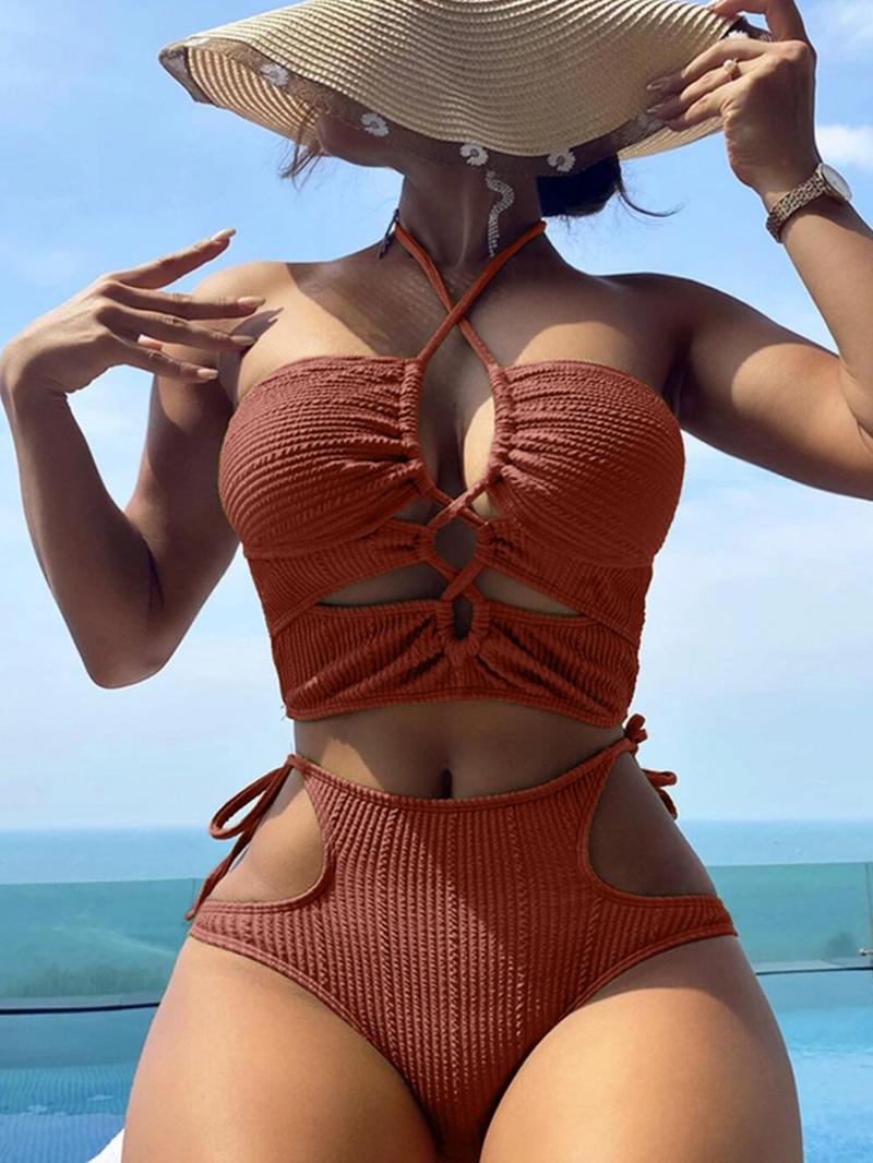 Women's Criss Cross Cut Out Ruched Ribbed Bikini Set, Solid Tie Back Halter Swim Top & High Waist Tie Side Swim Bottom, Bathing Suits for Summer Two Piece Set Women, Swimsuit for Women, Bikinis Sets, Swimwear Set