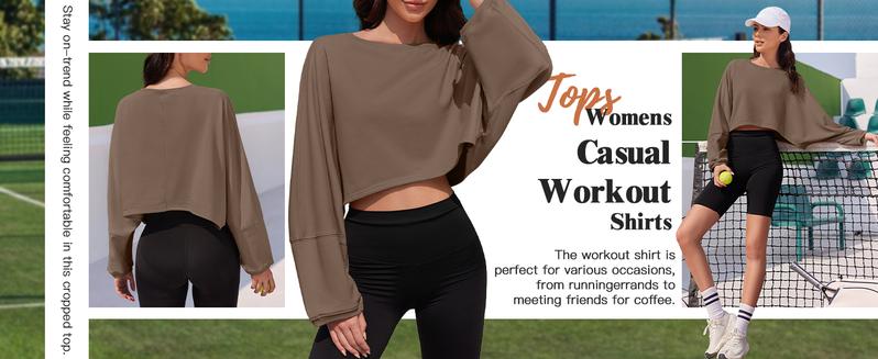 Womens Long Ballon Sleeve Sweatshirts Tops Cropped Crew Neck Loose Fit Casual Workout Shirts