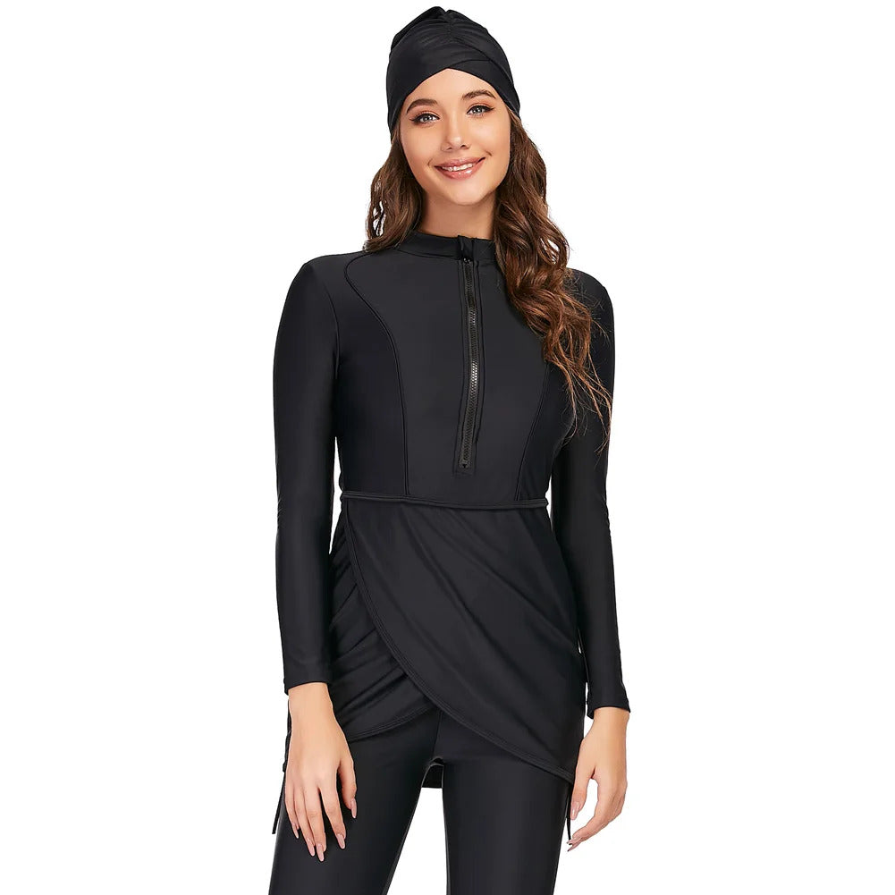 New Muslim Swimwear Women Modest Patchwork Hijab Long Sleeves Sport Swimsuit 3pcs Islamic Burkinis Wear Bathing Suit