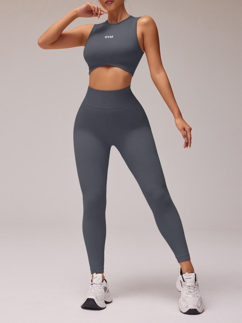 Women's Letter Pattern Crop Tank Top & High Waist Leggings Tracksuit Set, Casual Comfy Breathable Seamless for Yoga Gym Workout Running, Ladies Sportswear for All Seasons, Workout Clothes, Fitness Clothes, Sleeveless Gym Tops, Athleisure Wear