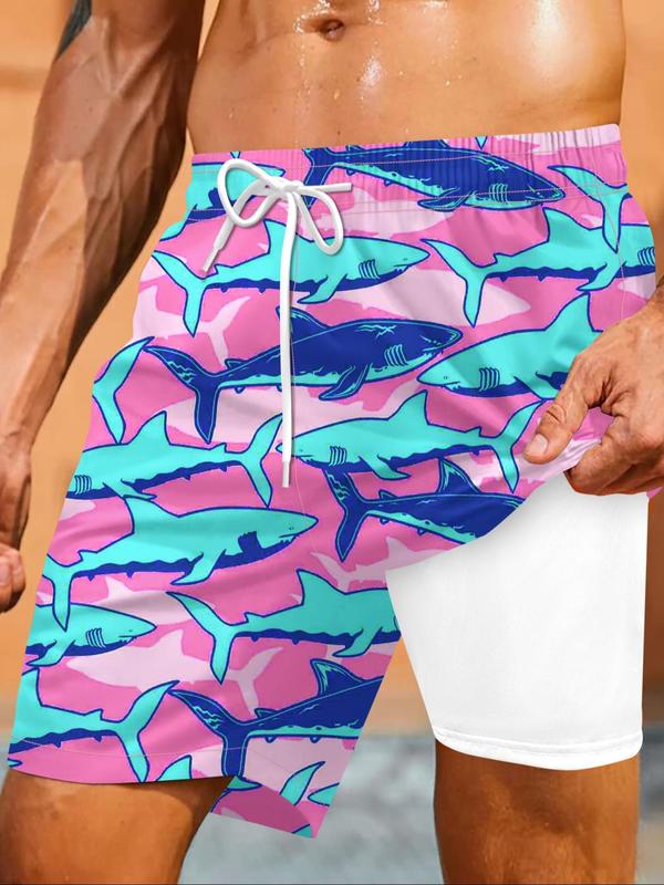 Men's All Over Print 2 in 1 Drawstring Waist Swimming Beach Shorts, Casual Quick Drying Swim Shorts for Summer, Men's Swimwear for Beach Vacation Outdoor, Clothing, Summer Swim Bottoms, Summer Swim Trunks, Swimbottoms, Swimtrunks