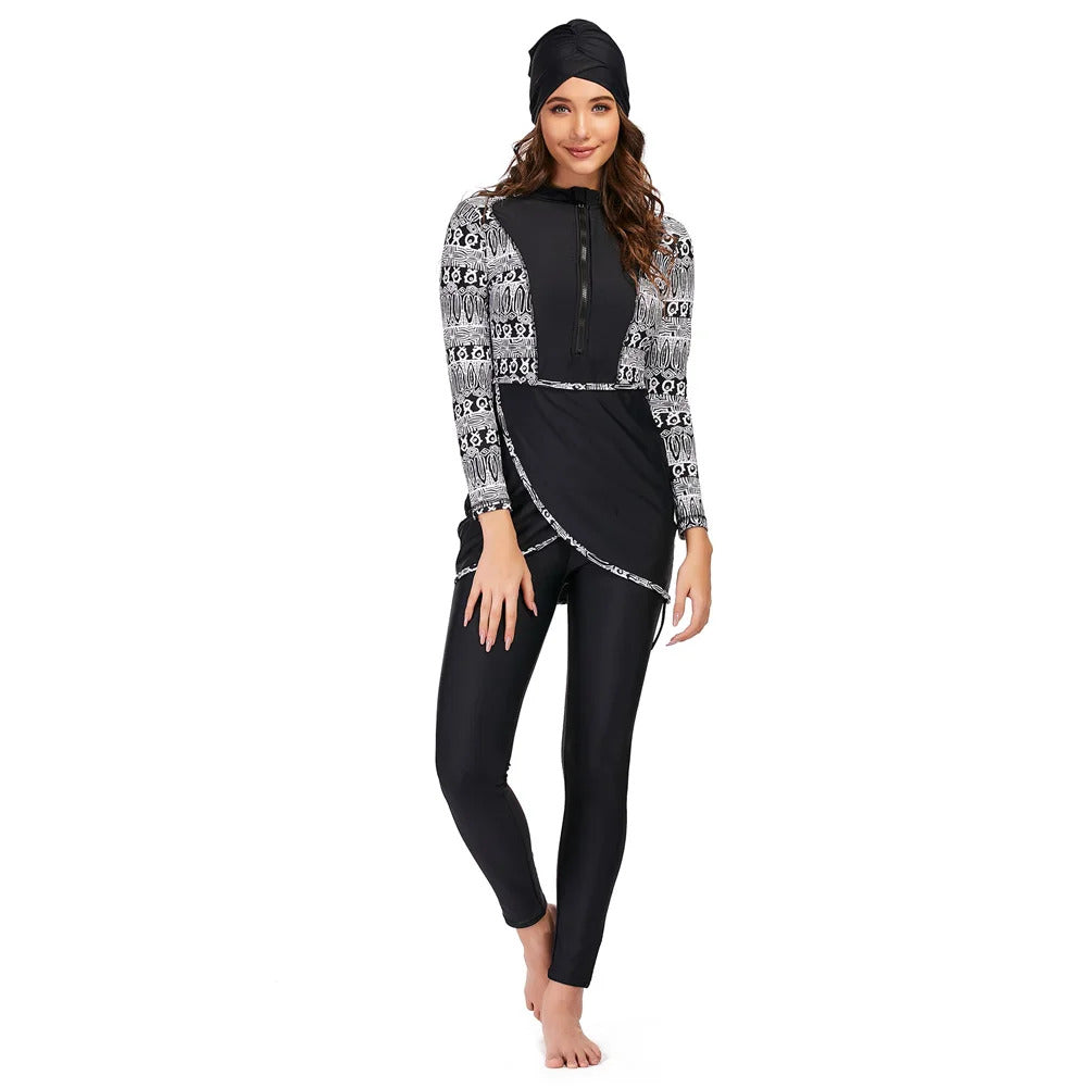 New Muslim Swimwear Women Modest Patchwork Hijab Long Sleeves Sport Swimsuit 3pcs Islamic Burkinis Wear Bathing Suit