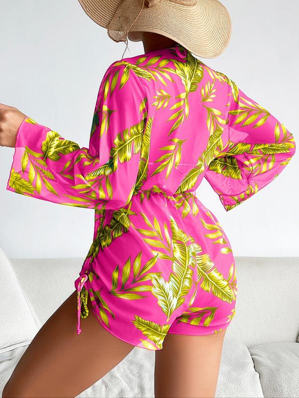 Women's Tropical Print Bikini Set, Halter Neck Tie Back Triangle Bra & Drawstring Side High Waist Romper & High Cut Swim Panty Swimsuit Sets, Beach Bathing Suit, Women's Swimwear, Summer Swimsuit Style Beach Bikini, Swim Top Set