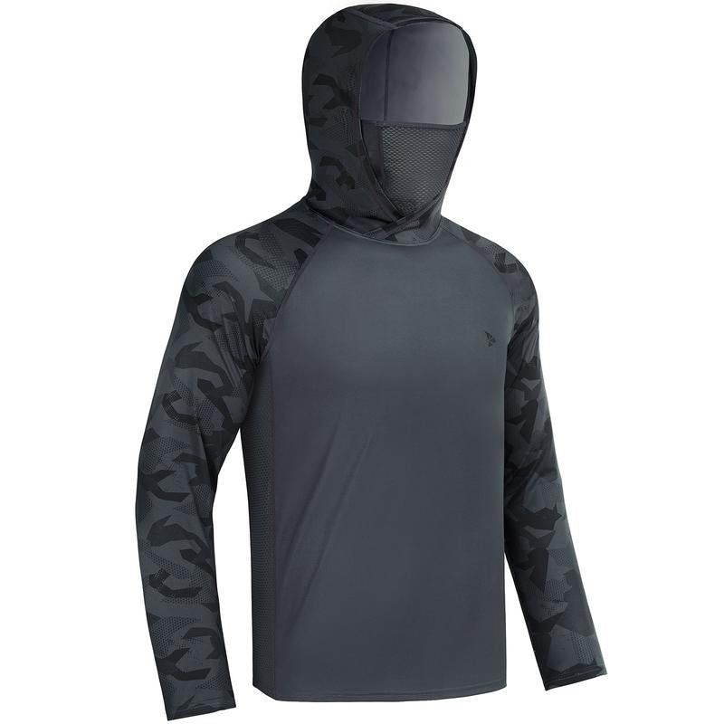 Sun UV Protection Hoodie Shirts, UPF 50+ Men Raglan Long Sleeve Lightweight Quick Dry Breathable Cooling Rash Guard with Mask Neck Gaiter for Outdoor, Hiking, Fishing, Boating, Biking, Sport, Gym, Constructing, Roofing, Landscaping, Gardening 915
