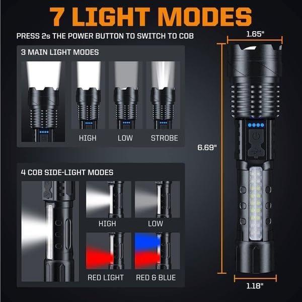 Laser Flashlight High Lumens Rechargeable 1 Pack/2 Pack, Super Bright Led Flashlights with 7 Light Modes, IPX6 Waterproof, Powerful Handheld Flash Light for Camping Home Emergencies