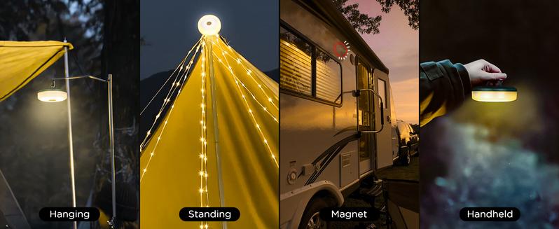 Camping String Lights, 4 in 1 Quick Storage 32.8FT Rechargeable Retractable String Lights with 8 Lighting Modes, Waterproof Emergency Light Outdoor Led Bulbs Lamp