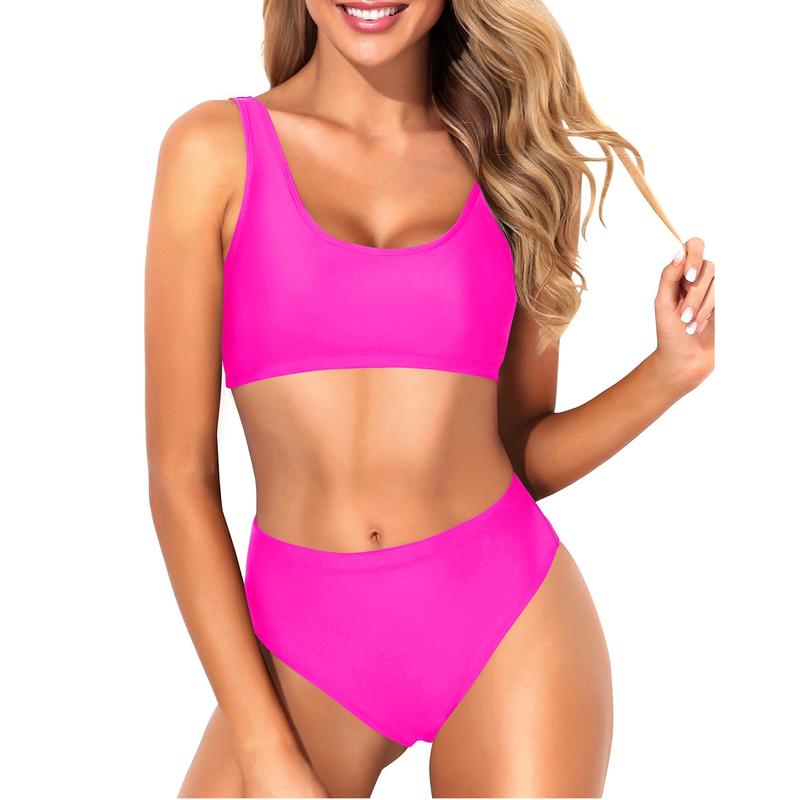 Women Two Piece Scoop Neck Bikini Crop Top High Cut Swimsuit Sporty High Waisted Bathing Suit with Bottoms